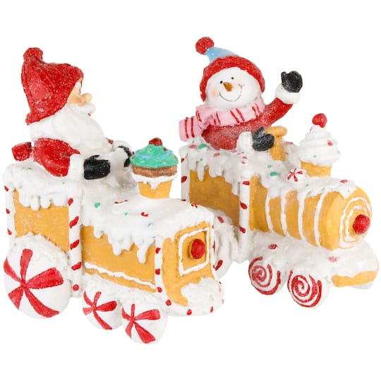 6.75" Santa & Snowman on Gingerbread Trains Christmas Figure Set